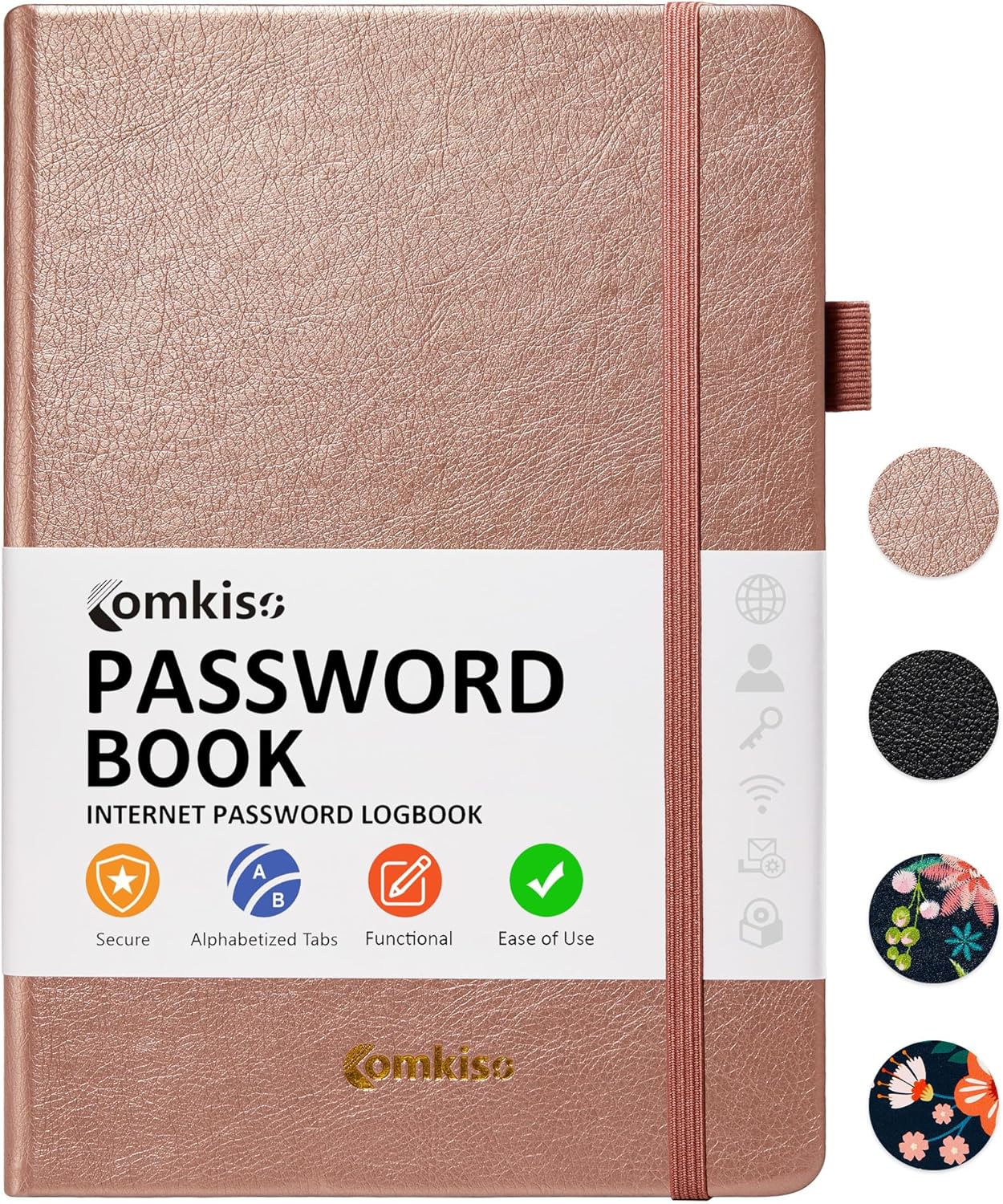 Password Book with Individual Alphabetical Tabs Laminated, Large Print Password Keeper Book for Seniors, A5 Hardcover Internet Password Log Book to Record Website Login Details - Rose Gold