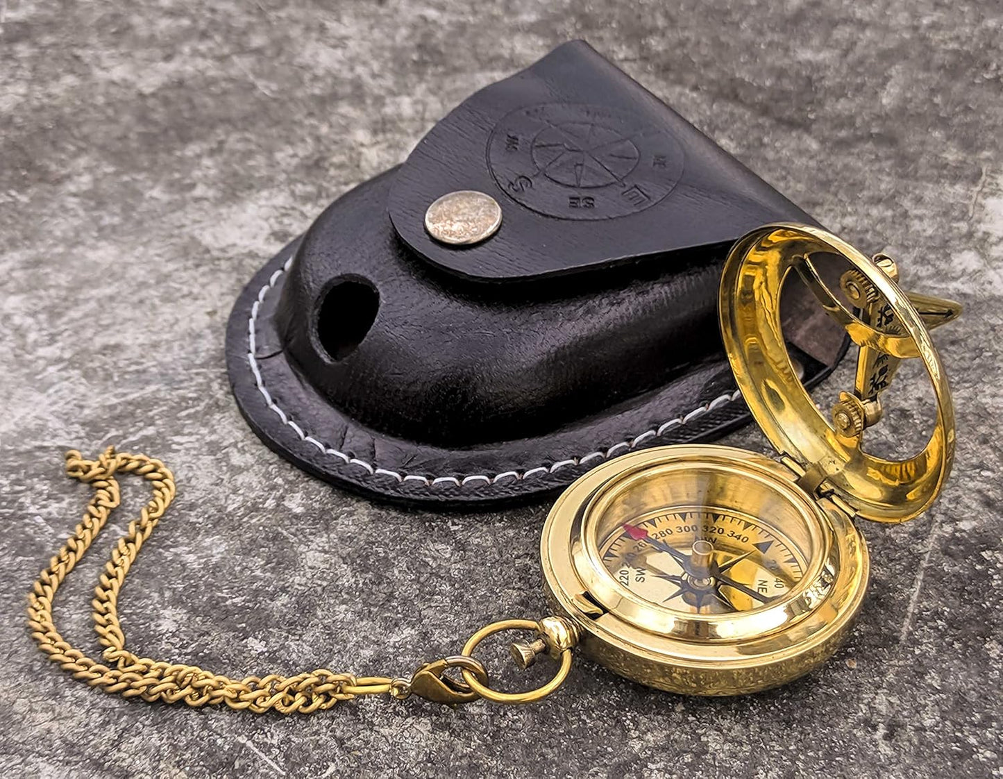 Brass Sundial Compass with Leather Case and Chain - Push Open Compass - Steampunk Accessory - Pocket Sundial Compass - Beautiful Handmade Gift -Sundial Clock, Gold, 2 Inch