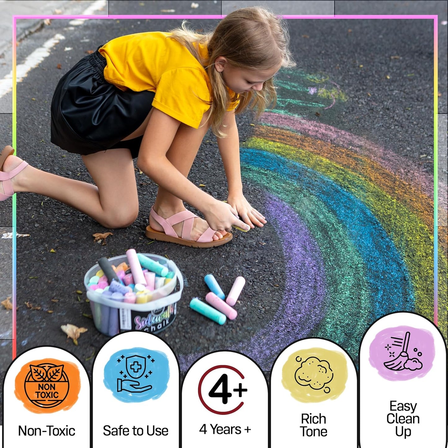 Loddie Doddie Sidewalk Chalk for Kids - 50 Count, 12 Multicolor Jumbo Sticks - Non-Toxic & Washable Bulk Chalk Pack in Reusable Bucket - Easy Grip for Vibrant Outdoor Kids Activities