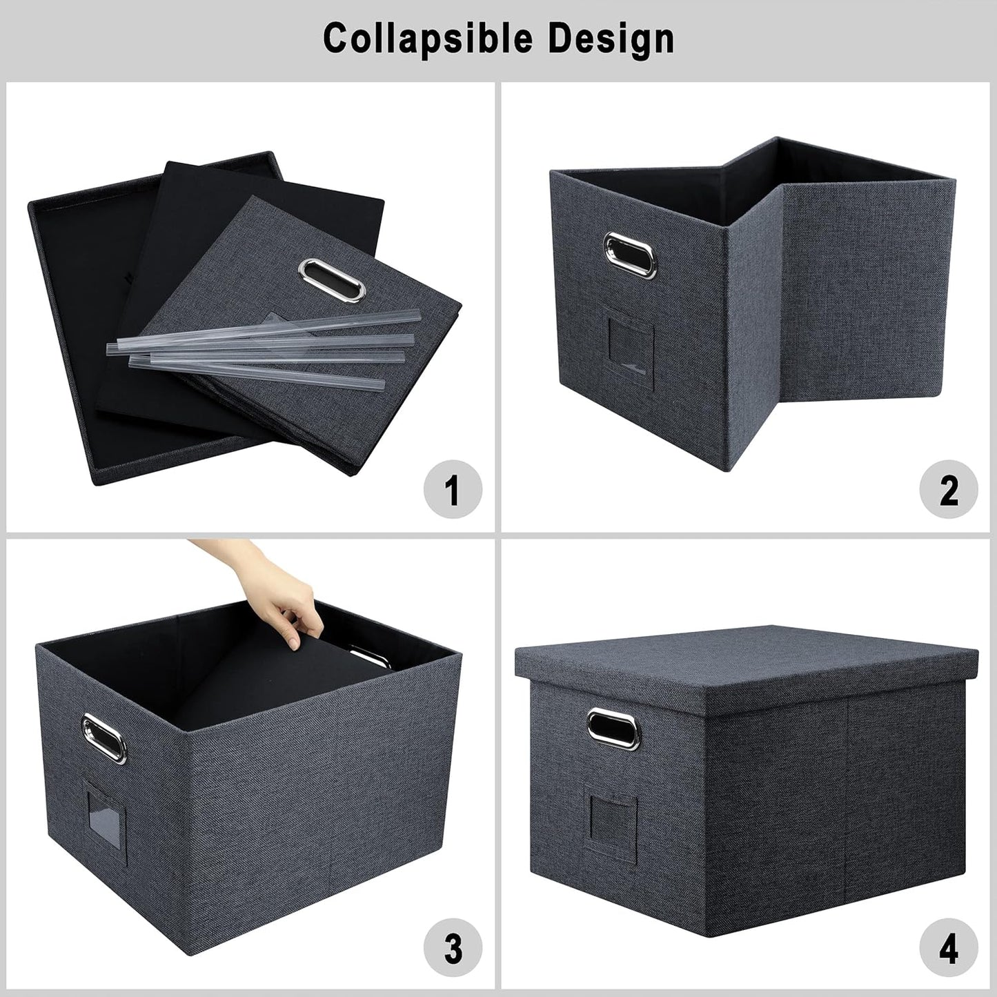File Organizer Box, Decorative Storage Filling Box with Lid for Letter Legal Size Hanging Folders Collapsible Linen File Folder Box Office Document Storage Filing Bin, Dark Gray 4 Pack