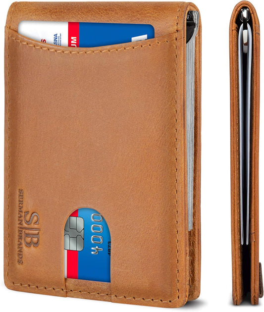 SERMAN BRANDS RFID Blocking Slim Bifold Genuine Leather Minimalist Front Pocket Wallets for Men with Money Clip Thin Mens