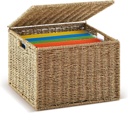 Seagrass File Box Organizers Collapsible Letter/legal Size Filing Cabinet with Lid Portable Decorative Document File Storage Box for Office/decor/home, Natural
