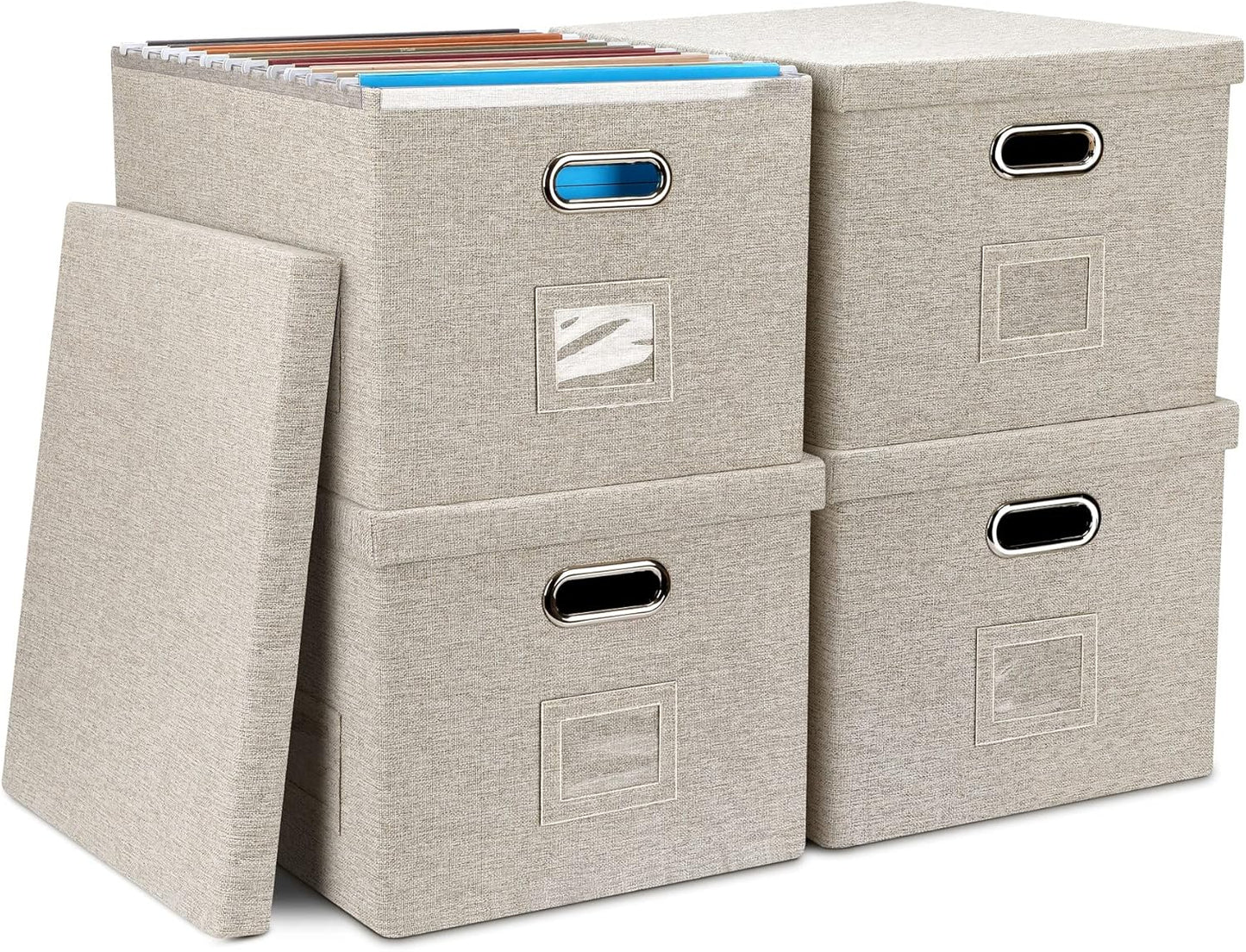 File Organizer Box, Decorative Storage Filling Box with Lid for Letter Legal Size Hanging Folders Collapsible Linen File Folder Box Office Document Storage Filing Bin, Beige 4 Pack