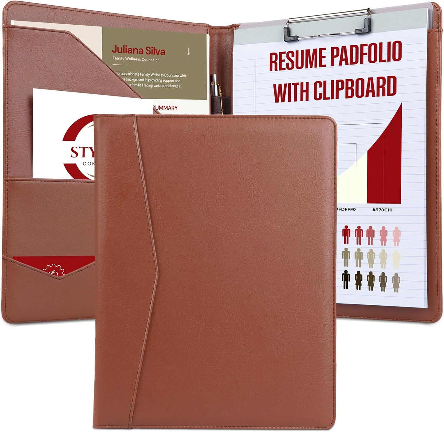 STYLIO Padfolio Folder with Removable Clipboard | Tan (Brown) Color| Portfolio Organizer | Binder with Storage for Notebook, Notepad | Nursing Clipboard Folio | Vegan Leather