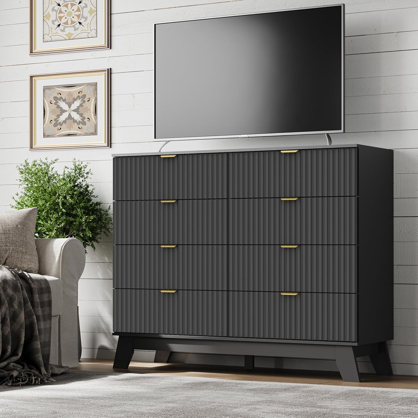 Fluted 8 Drawer Tall Dresser, 47.2" Wide Modern Boho Chest of Drawers, Wooden Storage Dresser TV Stand for Bedroom, Living Room, Closet, Hallway, Curved Profile Design