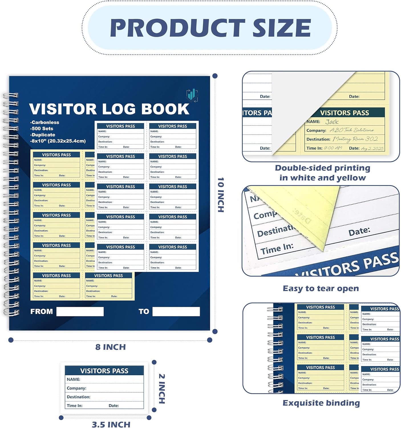 1 Pack of 500 Visitor Badges Registry Log with Carbonless Copy 2-Part Letter Size Visitor Log Book Spiral-Bound Self Visitor Badges Guest Register Book for Business or School (1)