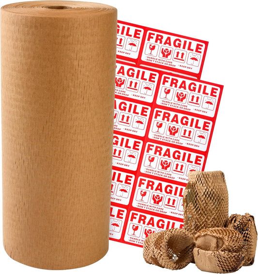 Honeycomb Packing Paper 12" Width X 400 FT for Moving Glass Dishes Recyclable Wrapping Paper Bubble Wrap Packing Material for Shipping Fragile Items Shipping Filler with 20 Fragile Stickers
