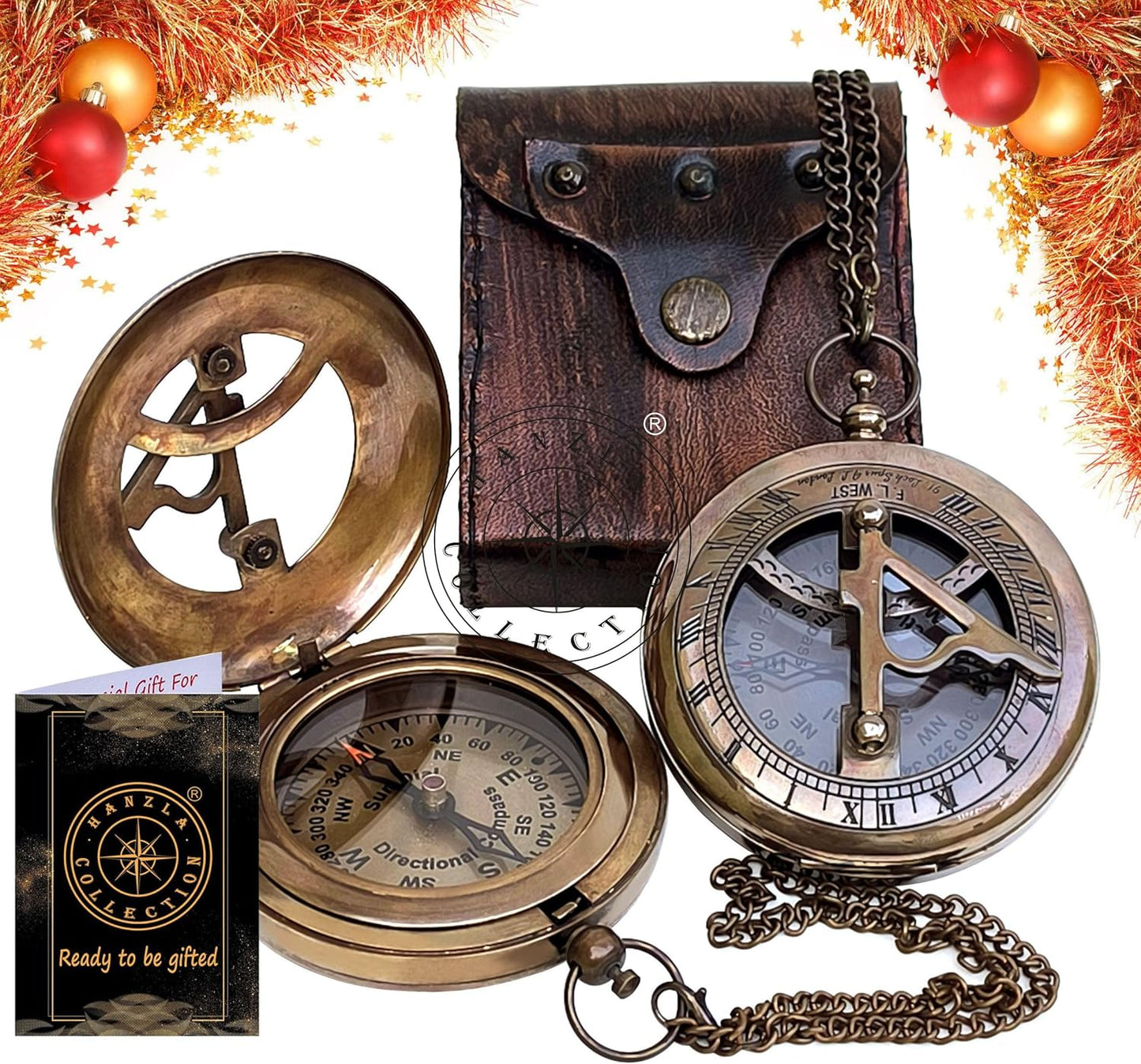Brass Sundial Compass with Leather Case and Chain - Push Open Compass - Steampunk Accessory - Beautiful Handmade Gift - Nautical Sun Clock