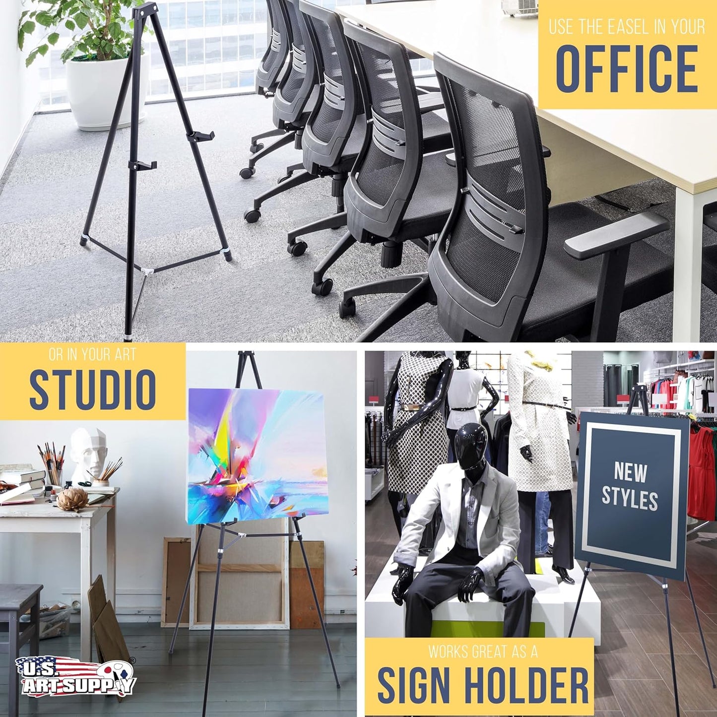 U.S. Art Supply 66" High Black Metal Display Art Easel (4 Pack) - Large Adjustable Height Portable Easel Stand, Sign Display, Holds 25 lbs - Floor & Tabletop Easels, Sign Stand