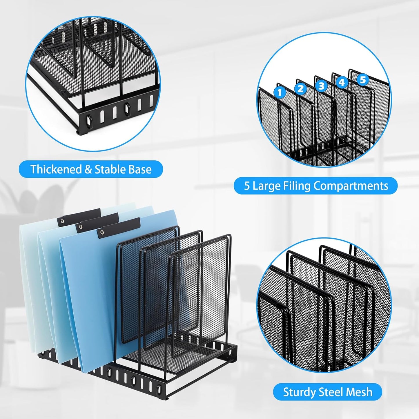 EASEPRES 5 Section Vertical Metal Mesh Desk File Organizer, Spacing Adjustable Upright Desktop Paper Mail Document Magazine Sorter Folder Holder for Workspace Office School Home, Black