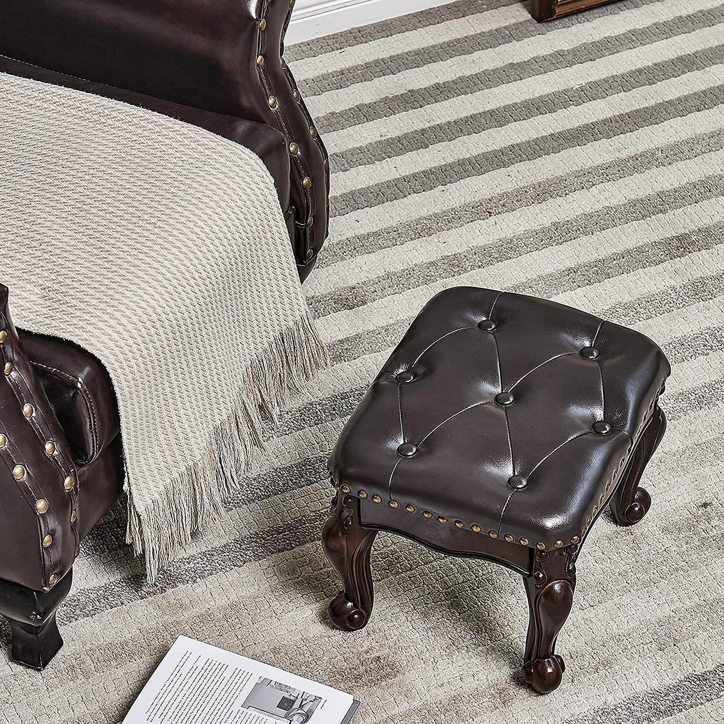 Foot Stool Ottoman Foot Rest Microfiber Leather Upholstered Footstool for Sofa, Living Room, Entryway, Solid Wood Stool (Dark Brown)