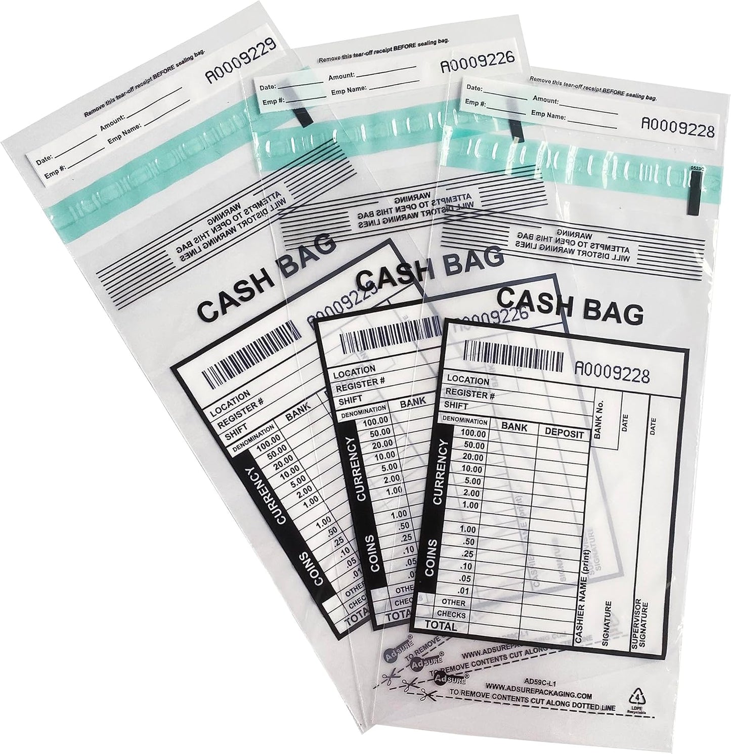 Clear Plastic Small Bank Deposit Bags For Cash | Pack of 1000 | 5"x9"|Tamper Evident Bags | Write-On Panel and Tear-Off Receipt | Ideal for Cash Handling