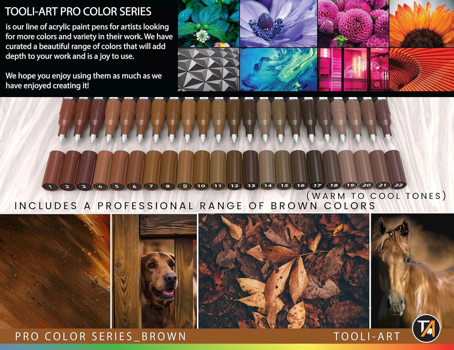 Acrylic Paint Pens 22 Brown Tones Assorted Pro Color Series Markers Set 0.7mm Extra Fine Tip for Rock Painting, Glass, Mugs, Wood, Metal, Canvas, Projects, Non Toxic, Waterbased, Quick Drying