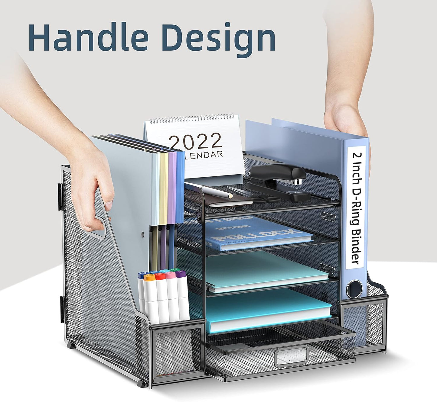 SUPEASY Mesh Desk Organizer with File Holder, 5-Tier Paper Letter Tray Organizer with Magazine Holder, Desktop Organizer and Storage with Drawer for Office Supplies Home or School, Black