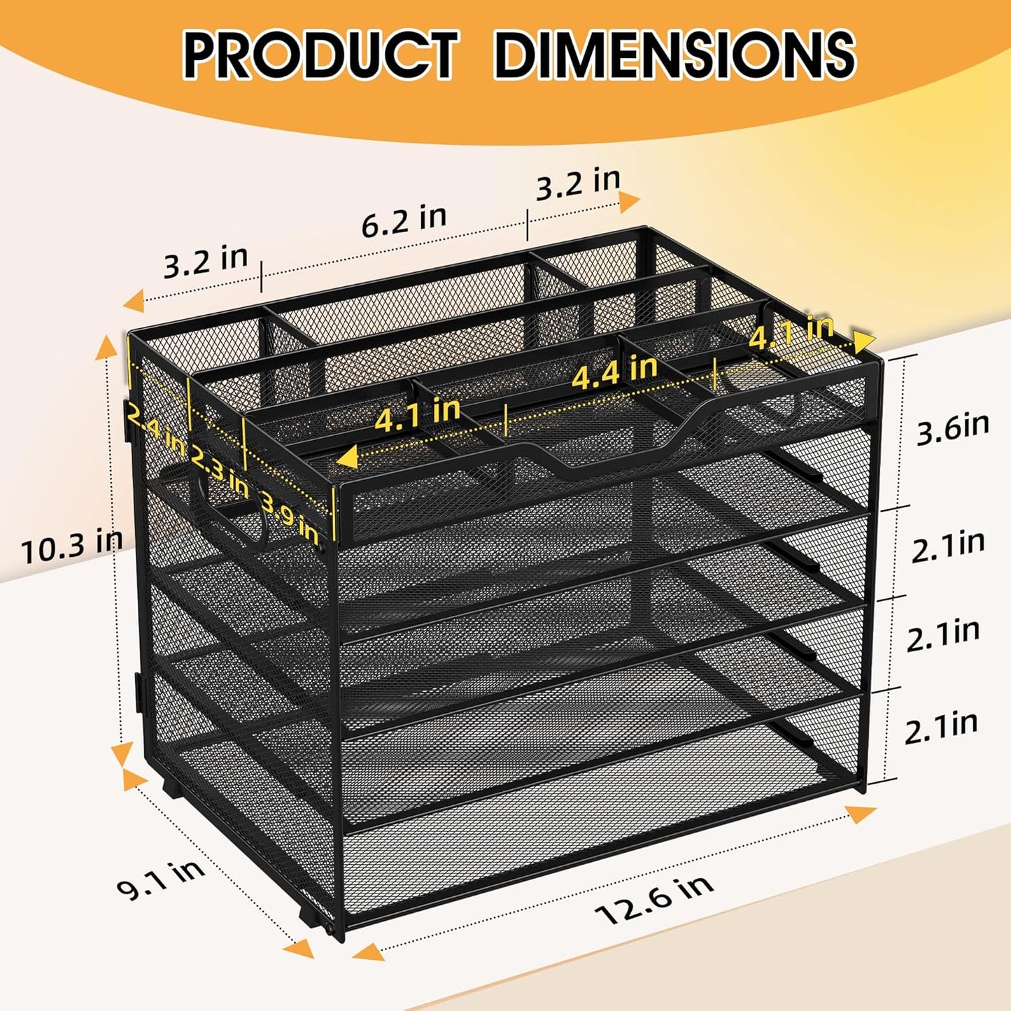 5 Tier Paper Letter Tray with 3 Drop-in Pen Holders, Mesh Desk File Organizer with Handle, Desk Organizers and Accessories for School,Home, Office Supplies Storage-Black
