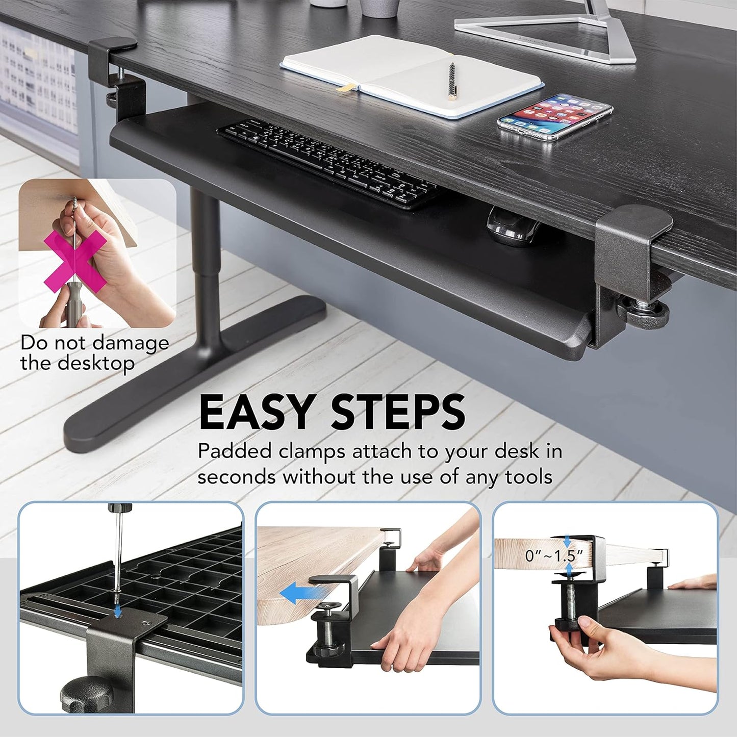 EHO Clamp-On Retractable Adjustable Keyboard Tray, Under Desk Ergonomic Keyboard Tray - Easy Tool-Free Install - Large Surface 27.5" (31.8" Including Clamps) x 12.5" Home & Office