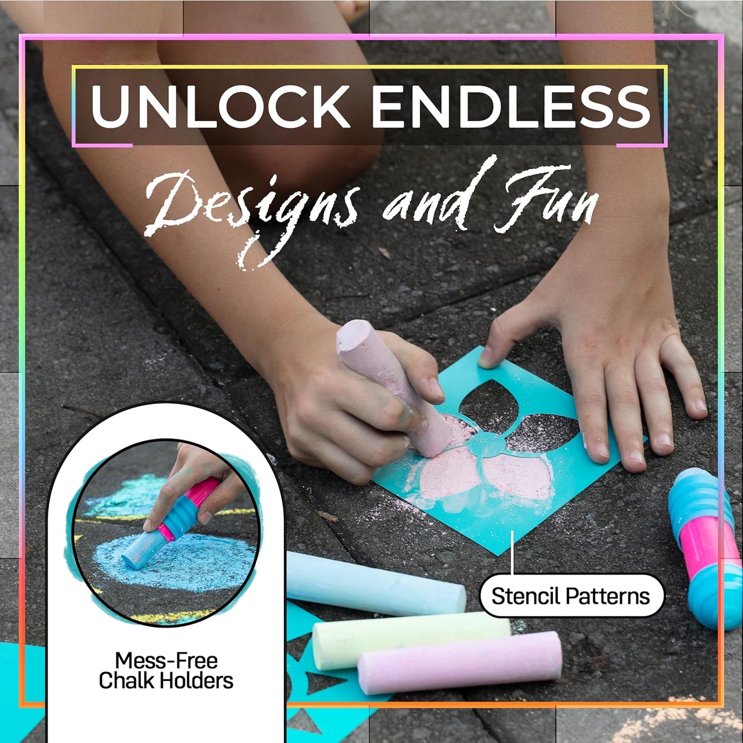 Loddie Doddie 49pc Sidewalk Chalk Bucket – Outdoor Activity Play Set for Kids, 31 Assorted Chalk Sticks, 4 Holders, 10 Ball Refills, 4 Stencils, Outdoor Water Play, Washable, Reusable Bucket