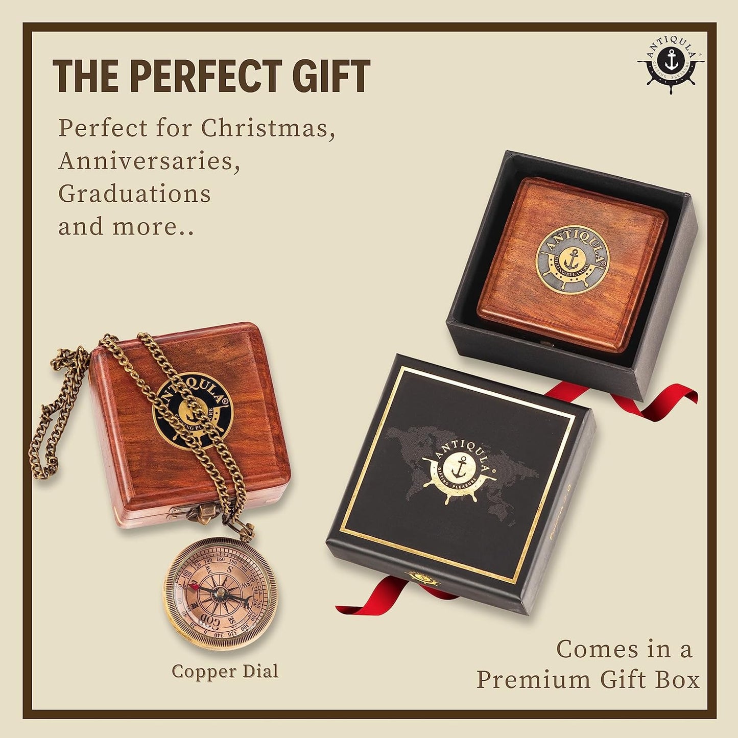 Brass Compass with Wooden Box - Graduation Gifts, Pirate Accessories & Baptism Gift For Boys, Steampunk Travel Decor Compasses For Missionary, Inspirational and Sentimental Compass