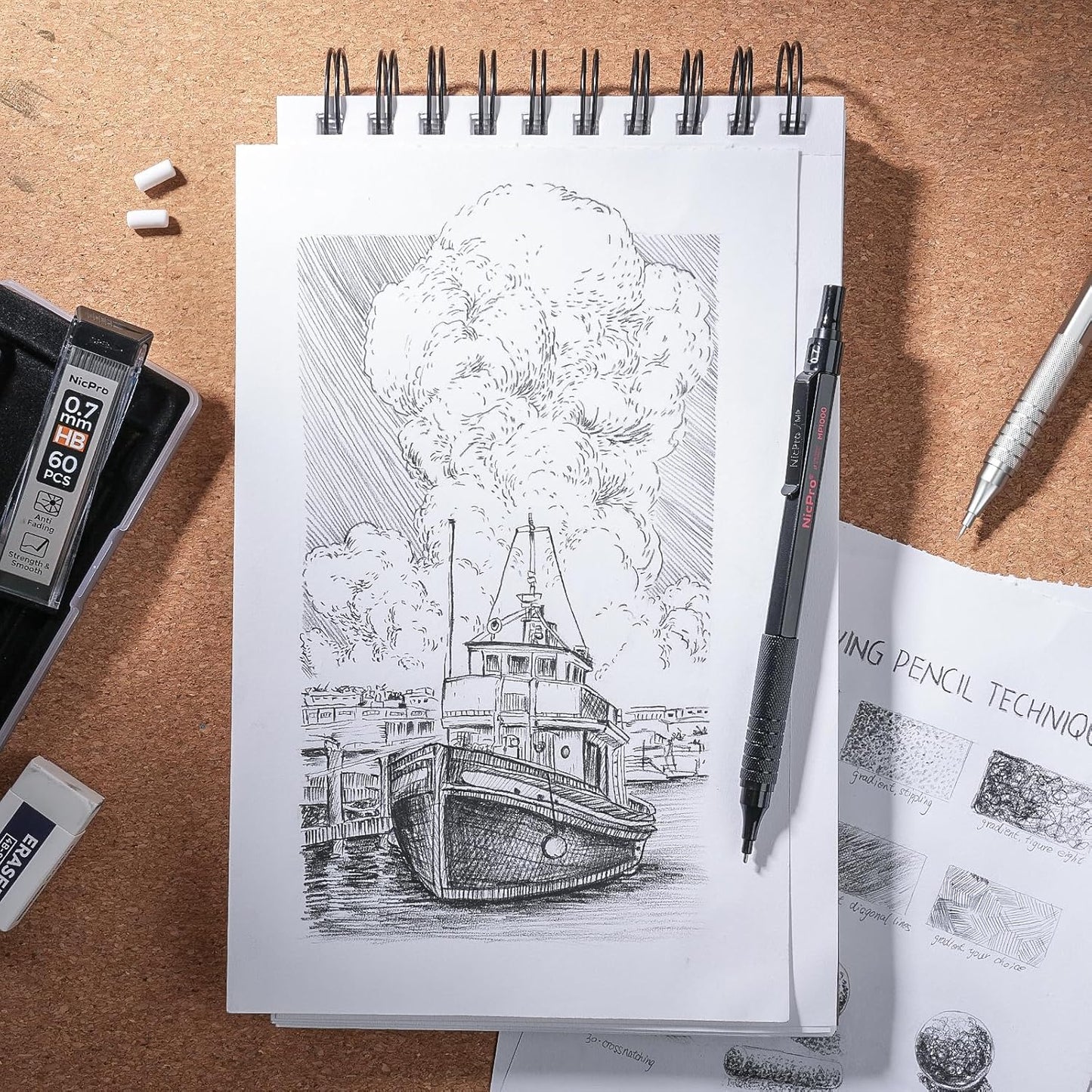 Nicpro 4 Pack Metal Mechanical Pencil Set 0.5 mm & 0.7mm with Case, Artist Pencil MP1000 with 8 Tubes HB & 2B Lead Refill, 3 Eraser, 9 Eraser Refill For Art Writing Drafting Drawing,Black & Silver