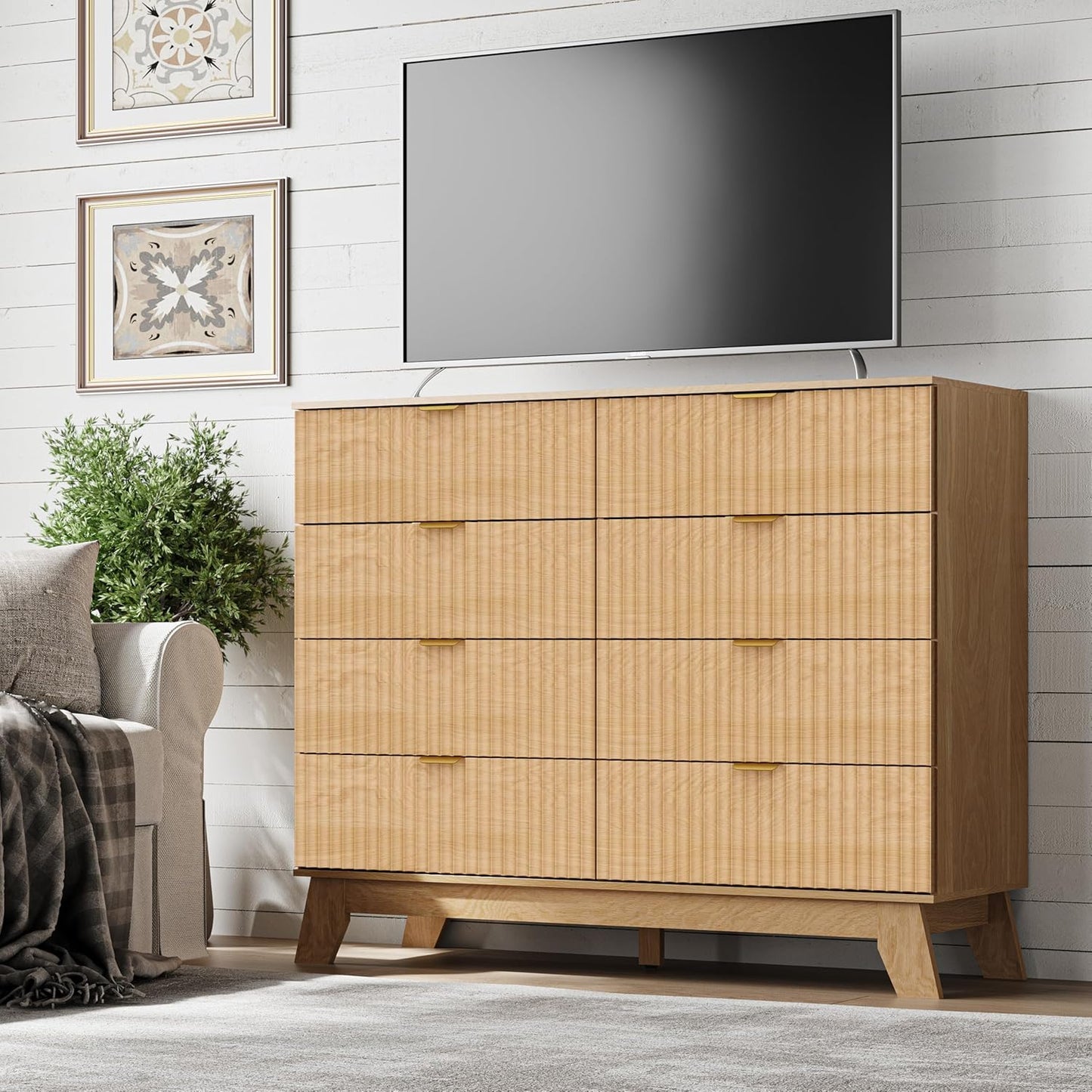 Fluted 8 Drawer Tall Dresser, 47.2" Wide Modern Boho Chest of Drawers, Wooden Storage Dresser TV Stand for Bedroom, Living Room, Closet, Hallway, Curved Profile Design