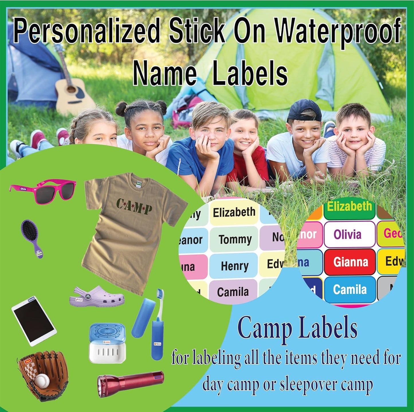 Personalized Waterproof Name Labels Press and Stick Custom Name Stick on Clothing Labels. Customized Up to 3 Lines Great for Camp & Daycare (Sunny)