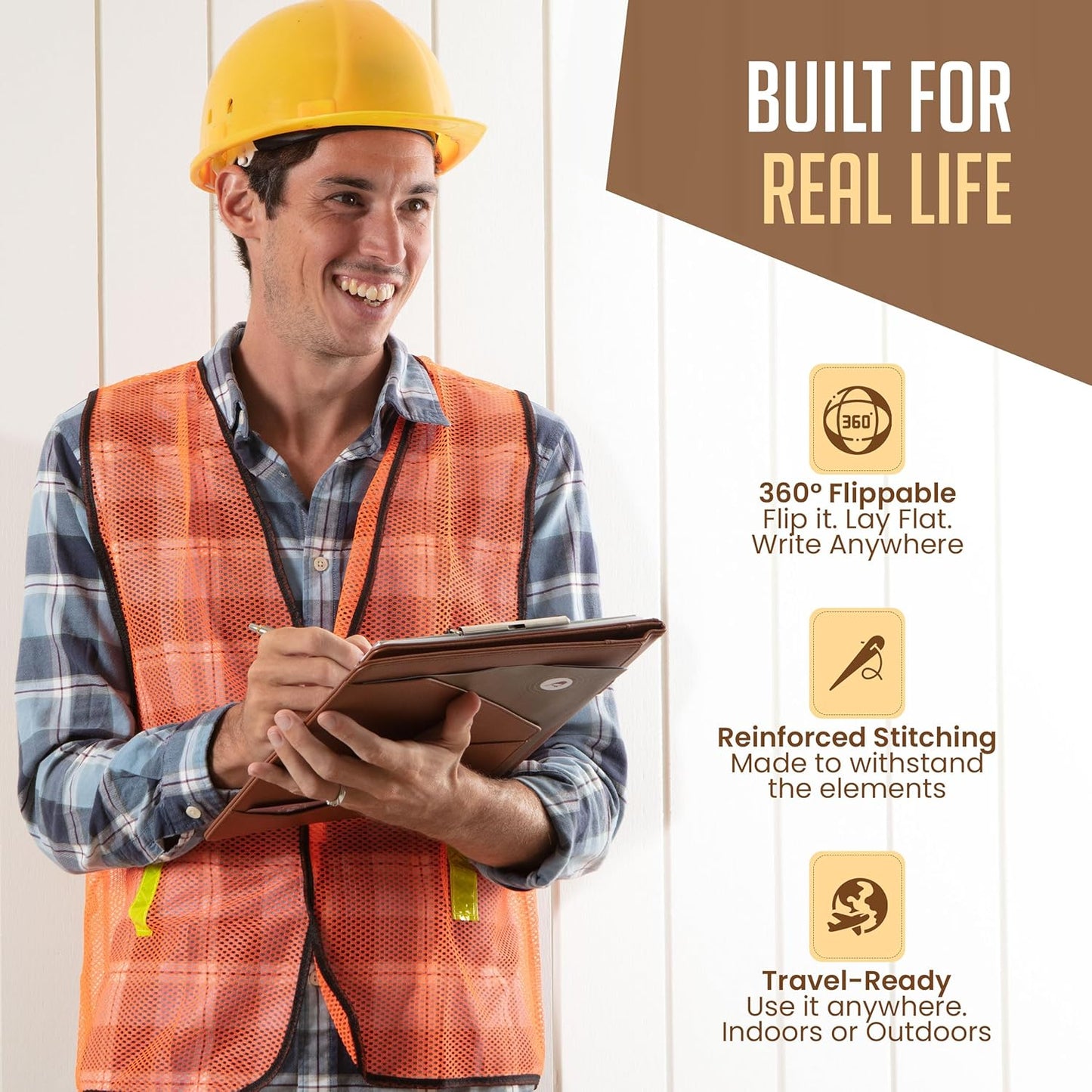 STYLIO Padfolio Folder with Removable Clipboard | Tan (Brown) Color| Portfolio Organizer | Binder with Storage for Notebook, Notepad | Nursing Clipboard Folio | Vegan Leather