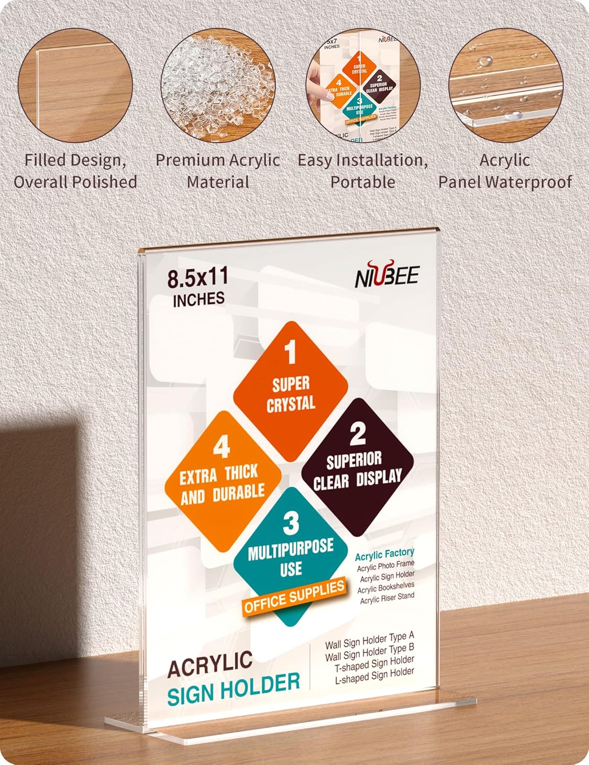 NIUBEE 6 Pack Acrylic Sign Holder 8.5 x 11 - T Shape Double Sided Table Top Display Stand, Portrait Upright Photo Picture Frame Wedding Menu Ad Holder