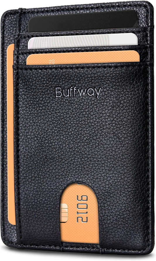 Buffway Slim Minimalist Front Pocket RFID Blocking Leather Wallets for Men and Women - Lichee Black