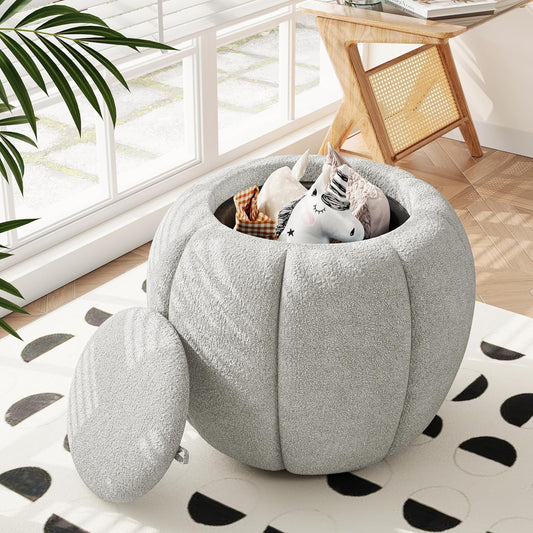 Storage Ottoman, Round Ottoman with Storage, Upholstered Soft Vanity Stool for Living Room, Foot Stool for Bedroom, Entryway (Light Gray)