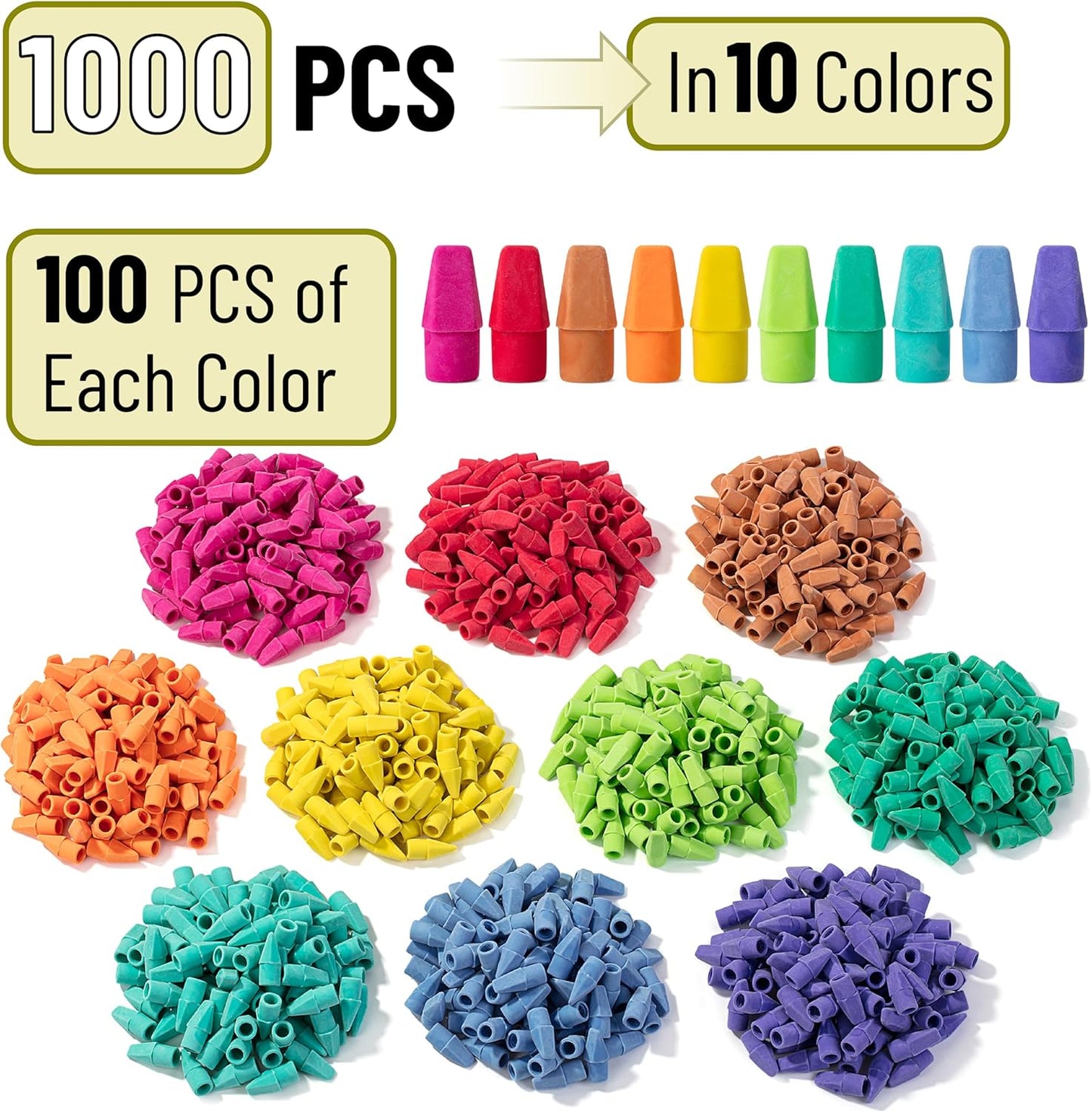 Mr. Pen- Pencil Erasers Toppers, 1000 Pack, Colorful, Latex Free, No Smudge, Mr Pen Erasers for Pencils