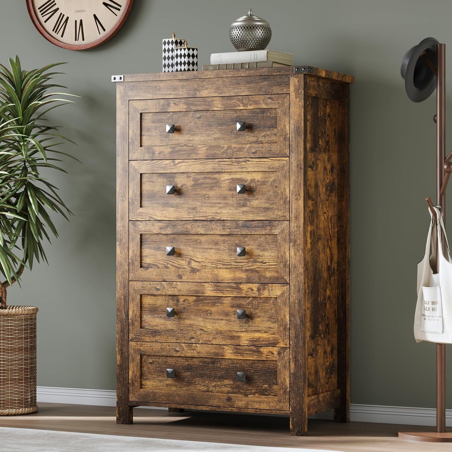 Tall 5-Drawer Dresser, Modern Wooden Storage Chest of Drawers, Dresser TV Stand, Wood Drawer Organizer with Metal Handles for Bedroom, Living Room, Hallway