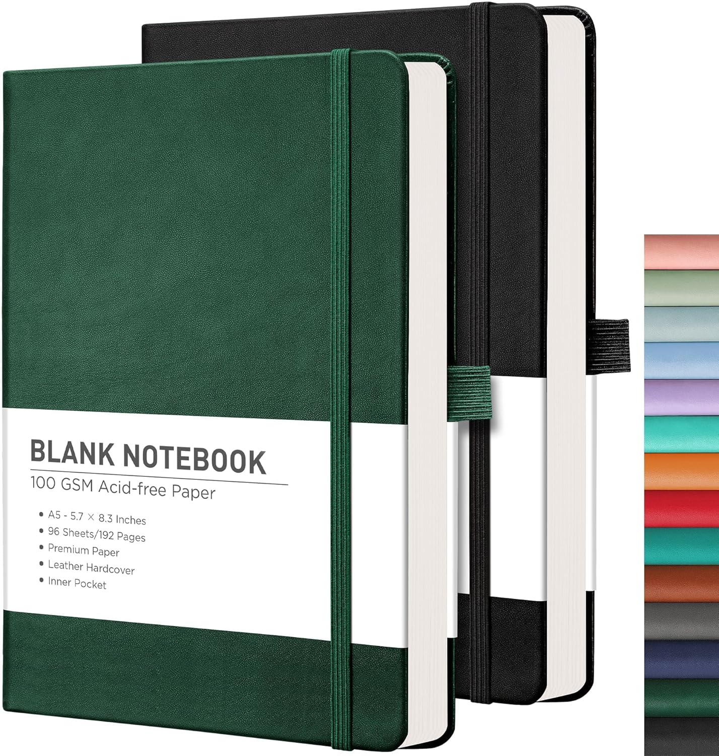 RETTACY Blank Journal Notebook, 2-Pack, 192 Pages per Pack, A5 Medium Size (5.7'' x 8.3''), Leather Hardcover, 100 GSM Thick Paper, for Sketching, Drawing, Painting (Black & Dark Green)