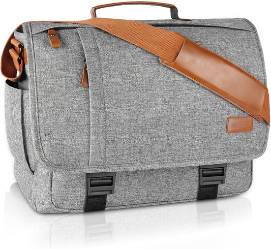 ESTARER Messenger Bag 17-17.3 Inch, Men's Computer Bag Water-resistant Canvas, Laptop Shoulder Bag for Travel Work College, Light Grey