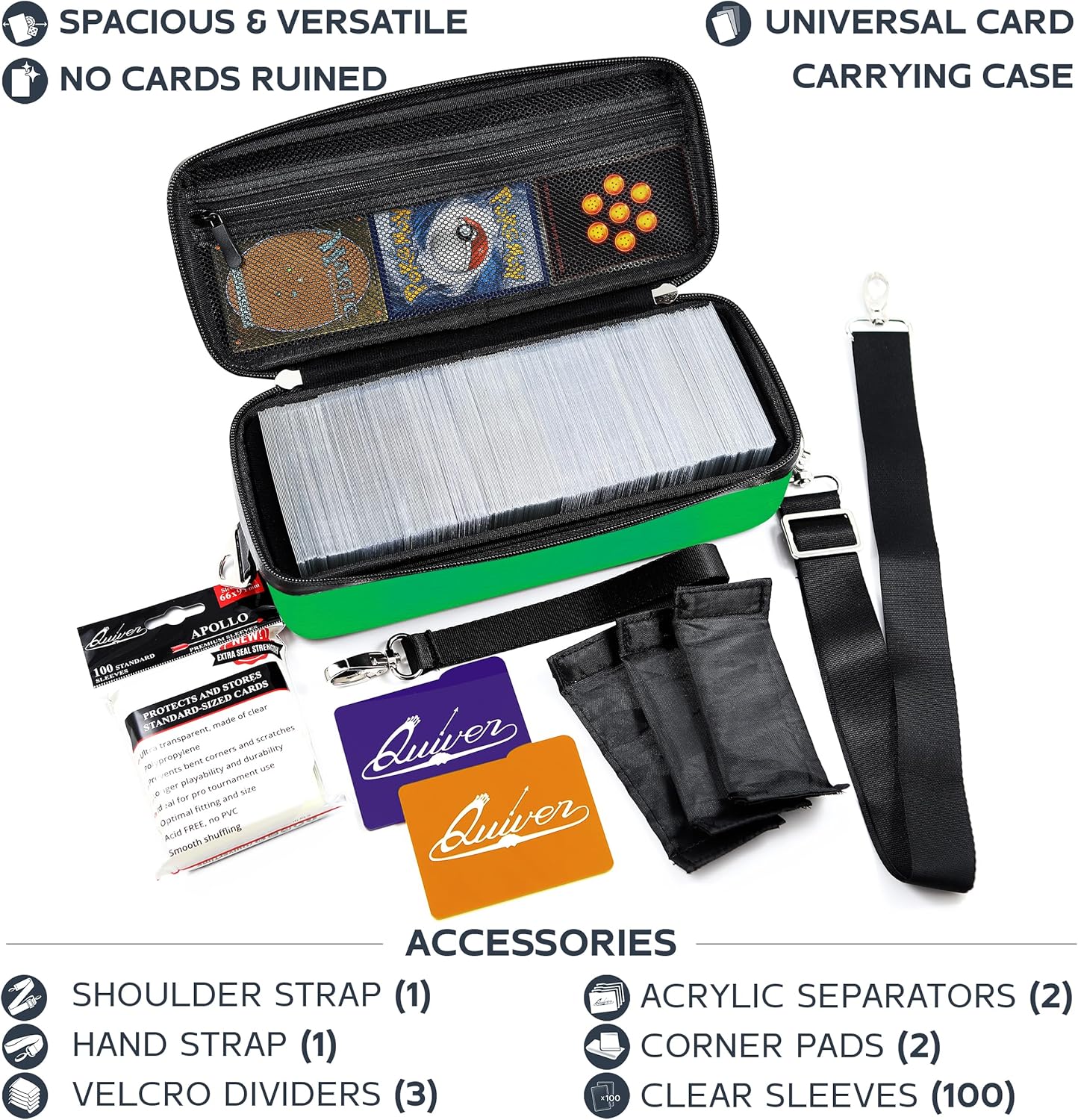 Quiver Time Green Bolt Card Carrying Case fits Pokemon Cards and other TCG Games - Storage Bag for Playing/Trading Cards and Deck Box (Straps, Dividers & 100 Apollo Card Sleeves)
