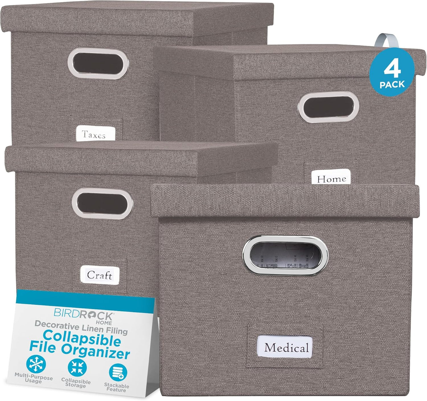 Internet's Best Collapsible File Storage Organizer with Lid - Decorative Linen Filing & Storage Office Box – Hanging Letter/Legal Folder – Home Office Bins Cabinet – Grey Container - 4 Pack