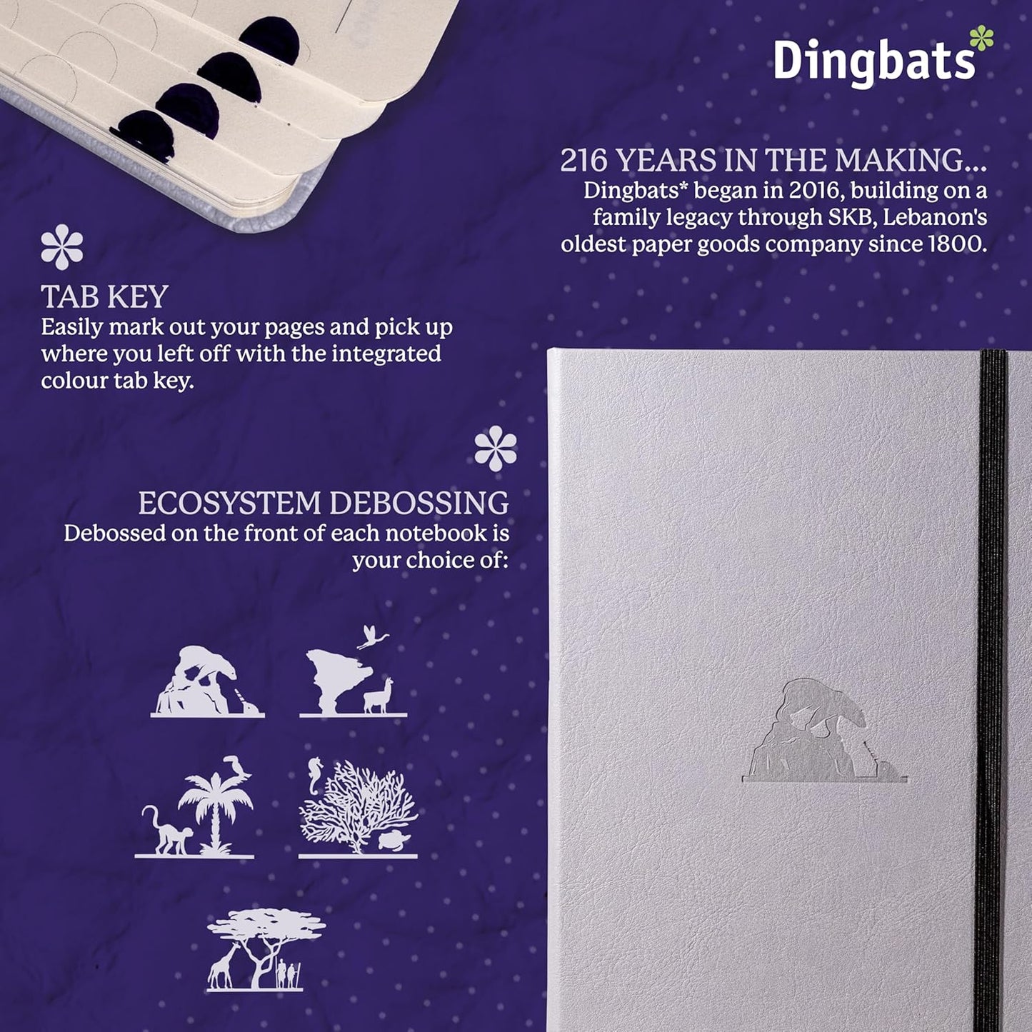 Dingbats - Earth Dotted A5 Medium Notebook, Glicine Arctic - Hardcover - Cream 100gsm Ink-Proof Paper - Numbered Pages, Index & Key Pages