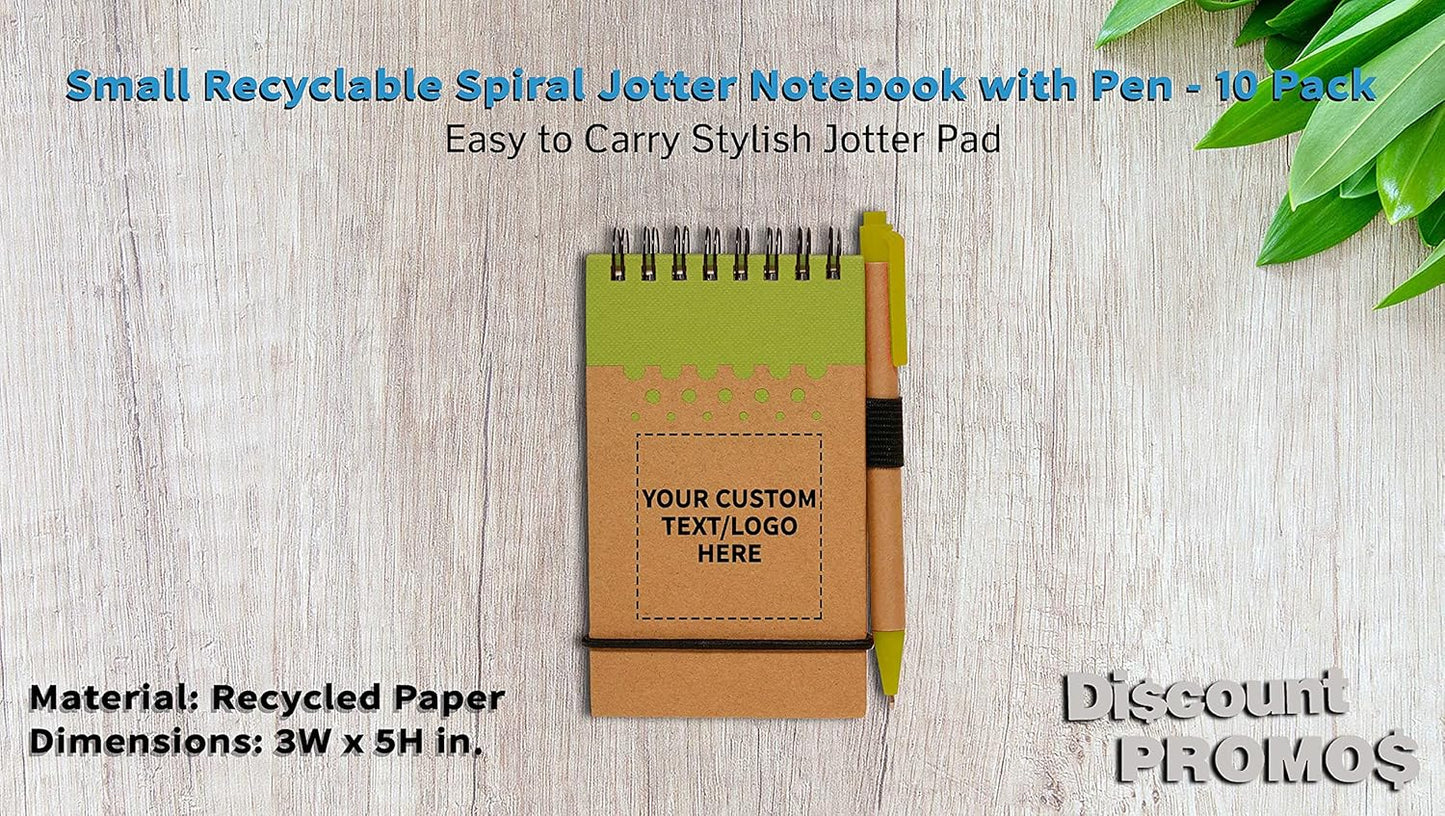 DISCOUNT PROMOS 10 Recyclable Spiral Small Notebooks Pack - Customizable Text, Logo - 60 Lined Pages - Lime Green