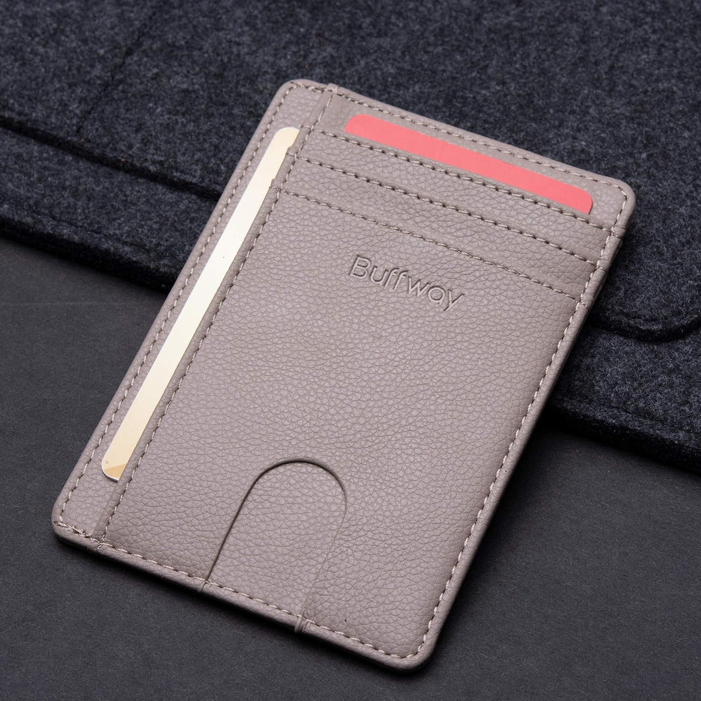 Buffway Slim Minimalist Front Pocket RFID Blocking Leather Wallets for Men and Women - Lichee Khaki