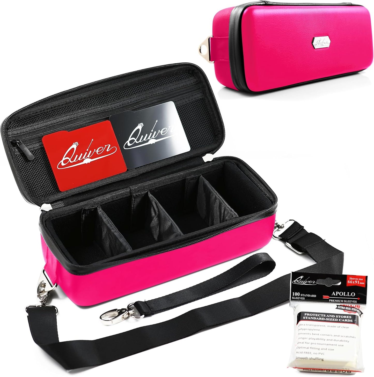 Quiver Time Pink Bolt Card Carrying Case fits Pokemon Cards and other TCG Games - Storage Bag for Playing/Trading Cards and Deck Box (Straps, Dividers & 100 Apollo Card Sleeves)