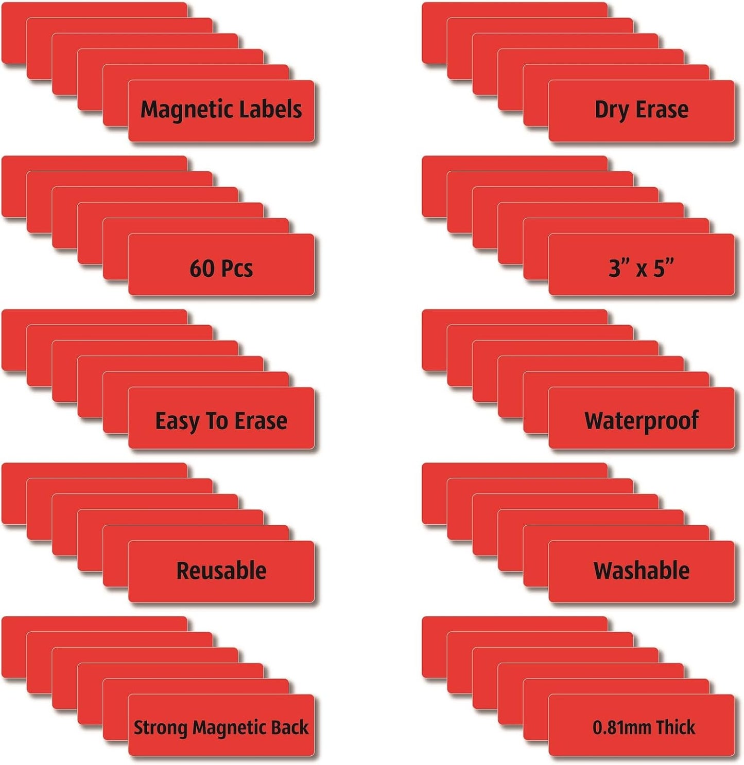 Magnetic Dry Erase Magnets Labels 3x1 inches, Reusable Name Tags, Organizing Schedules in Office/Classroom. Work on Fridge/White Board (Red 60Pcs)
