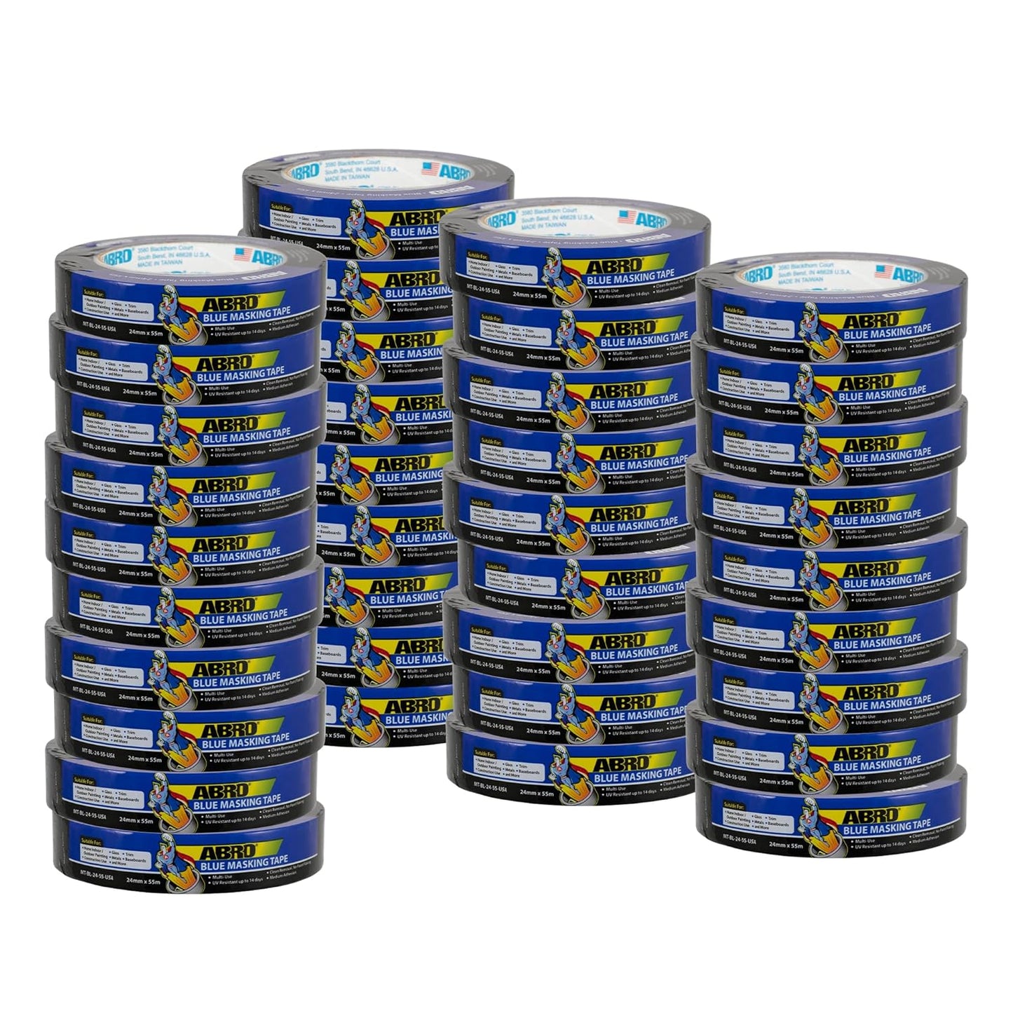 ABRO 36 Pack Blue Painters Tape: 24mm x 55M All Purpose Blue Tape, Temporary Labeling, Easy Tear, Clean Removal, Masking Tape Colored, DIY or Pro Use
