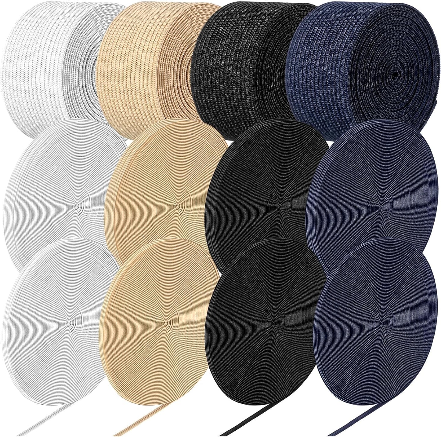 WILLBOND 12 Rolls Colorful Elastic Band Folding Elastic Cord Heavy Duty Stretch Band Knitted Flat Band for Sewing Crafts DIY Comforter Cuffs(Assorted Size X 61 Yard,Retro Colors)