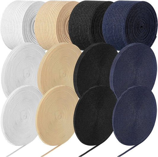 WILLBOND 12 Rolls Colorful Elastic Band Folding Elastic Cord Heavy Duty Stretch Band Knitted Flat Band for Sewing Crafts DIY Comforter Cuffs(Assorted Size X 61 Yard,Retro Colors)