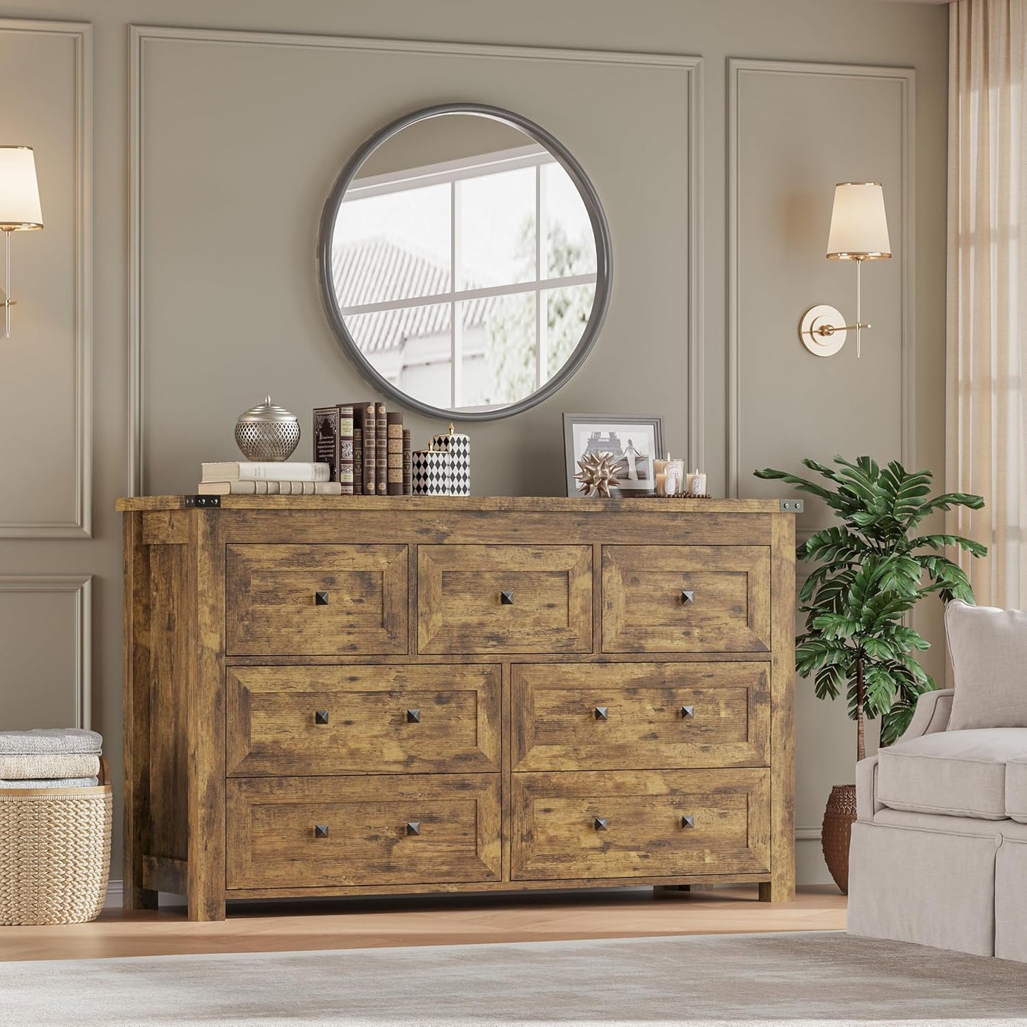 7-Drawer Dresser, Modern Wooden Storage Chest of Drawers, Dresser TV Stand, Wood Drawer Organizer with Metal Handles for Bedroom, Living Room, Hallway