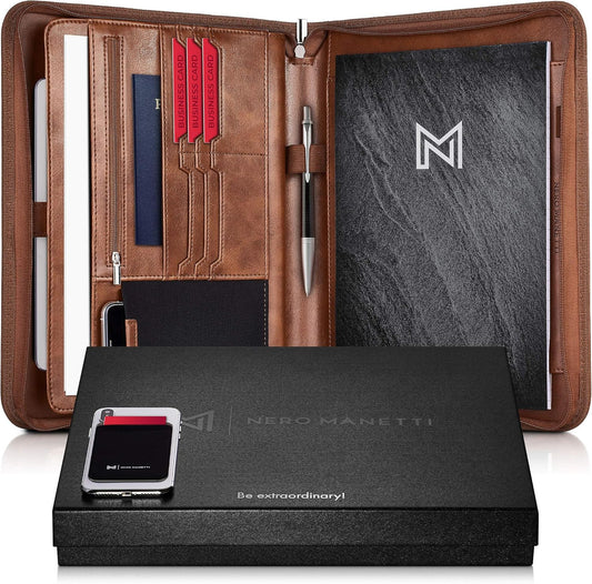 NERO MANETTI- Zippered Vegan Leather Padfolio/Portfolio Pad Holder-Business PU Leather Notepad Folder for Resumes, Interviews, iPad/Tablet, Phone, Legal Pad Notebook Executive Binder for Women, Men