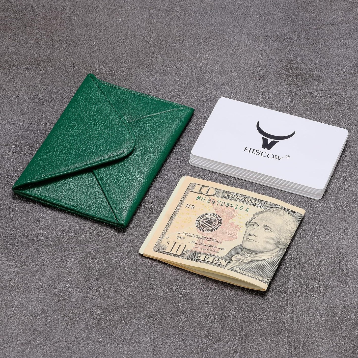 HISCOW Envelope Business Card Case with Magnet Closure - Italian Calfskin (Green)
