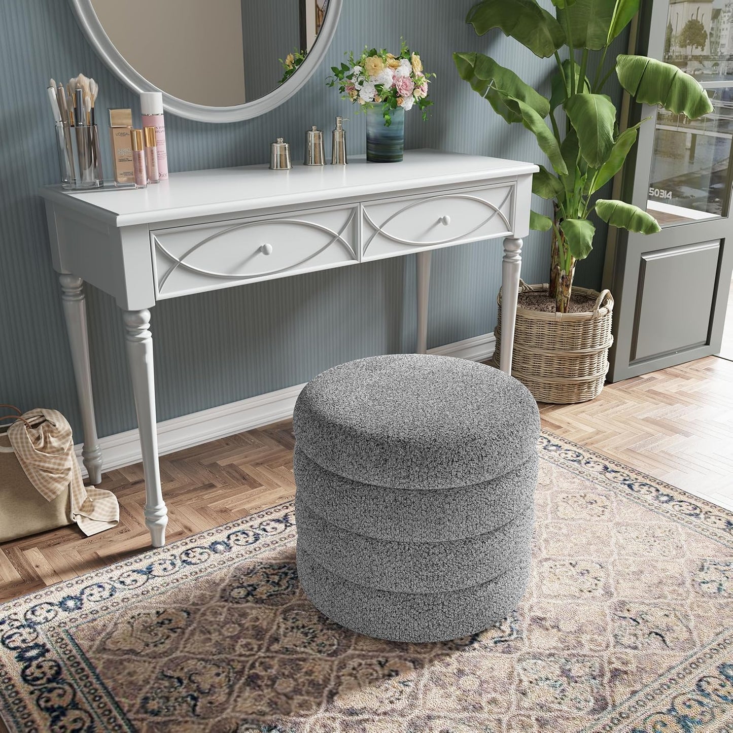 Storage Ottoman, Round Ottoman with Storage, Vanity Stool Foot Rest with Removable Lid, Round Boucle Upholstered for Living Room Pouf Footstool