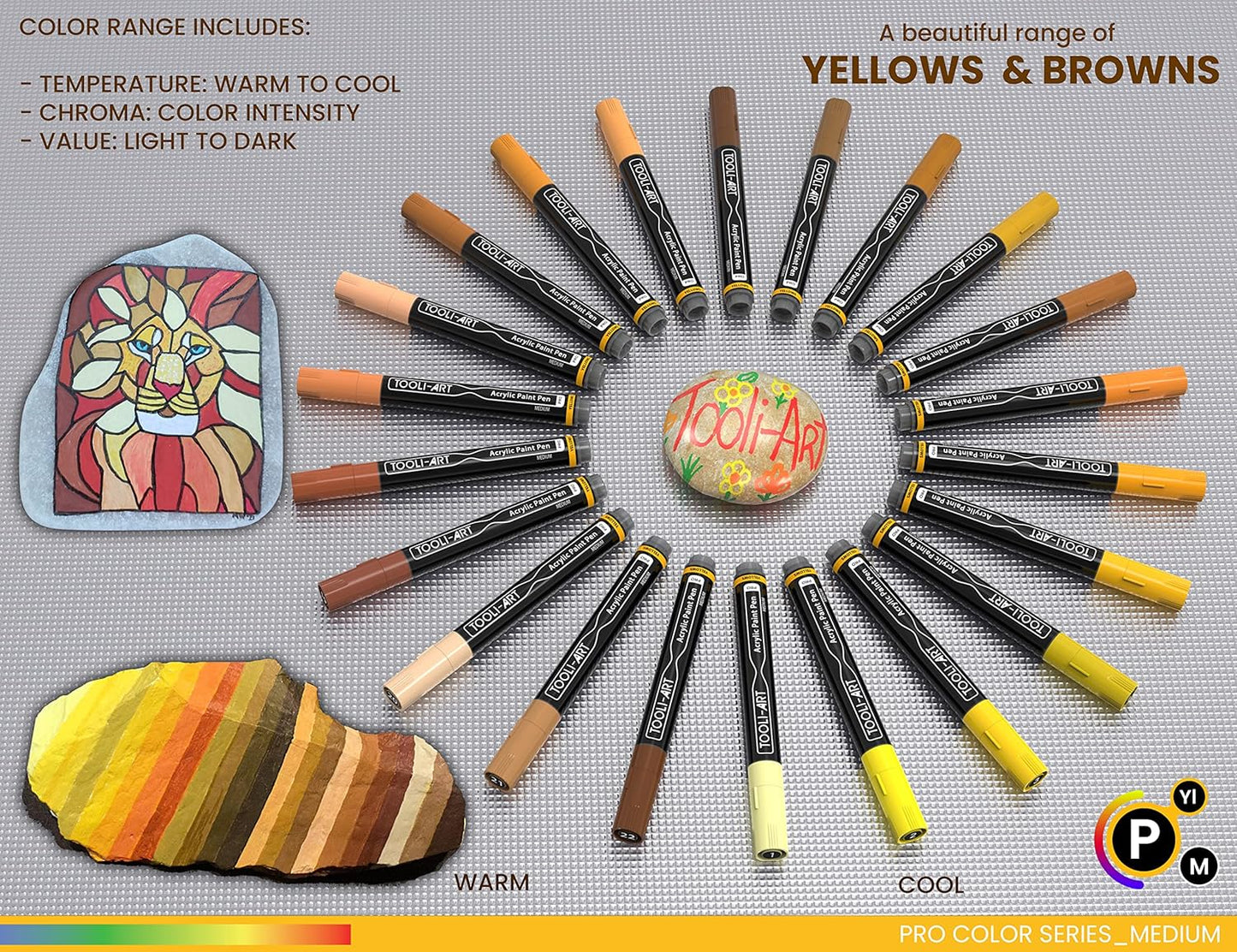 TOOLI-ART 22 Acrylic Paint Markers Paint Pens Pro Color Series Set 3mm Medium Tip for Rock Painting, Glass, Mugs, Wood, Metal, Glass Paint, Canvas, DIY. Non Toxic, Waterbased, Quick Drying (YELLOWS)