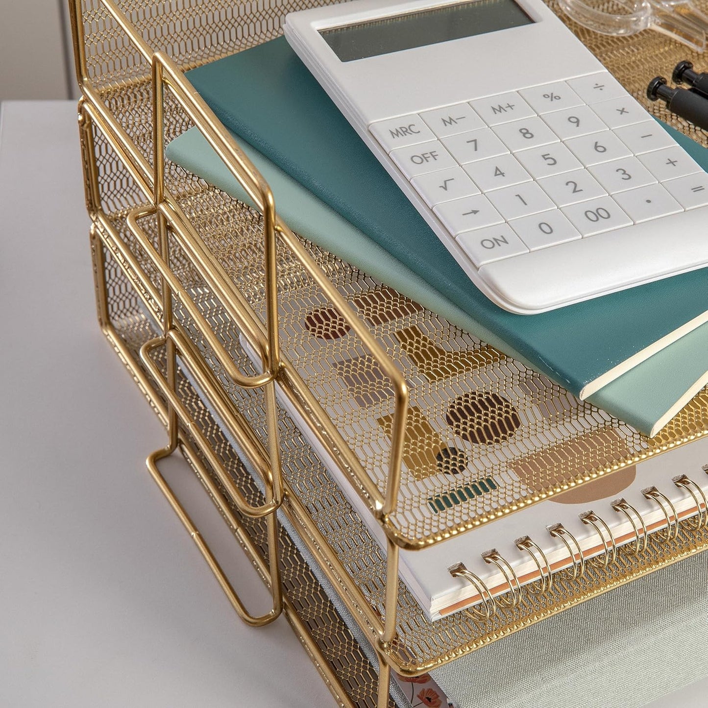 Martha Stewart Ryder 3 Tier Desk Letter Tray Organizer, Stackable Steel Mesh Inbox Tray for Files, Papers, or Letters, Gold